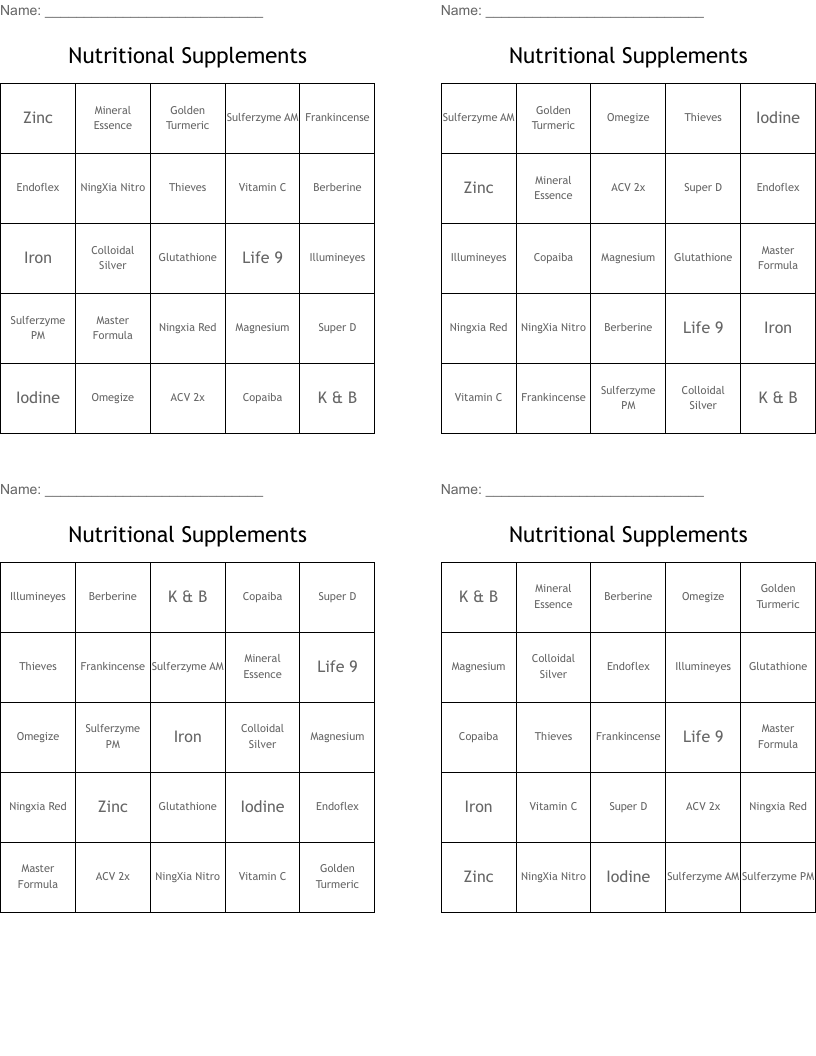 Nutritional Supplements  Bingo Cards