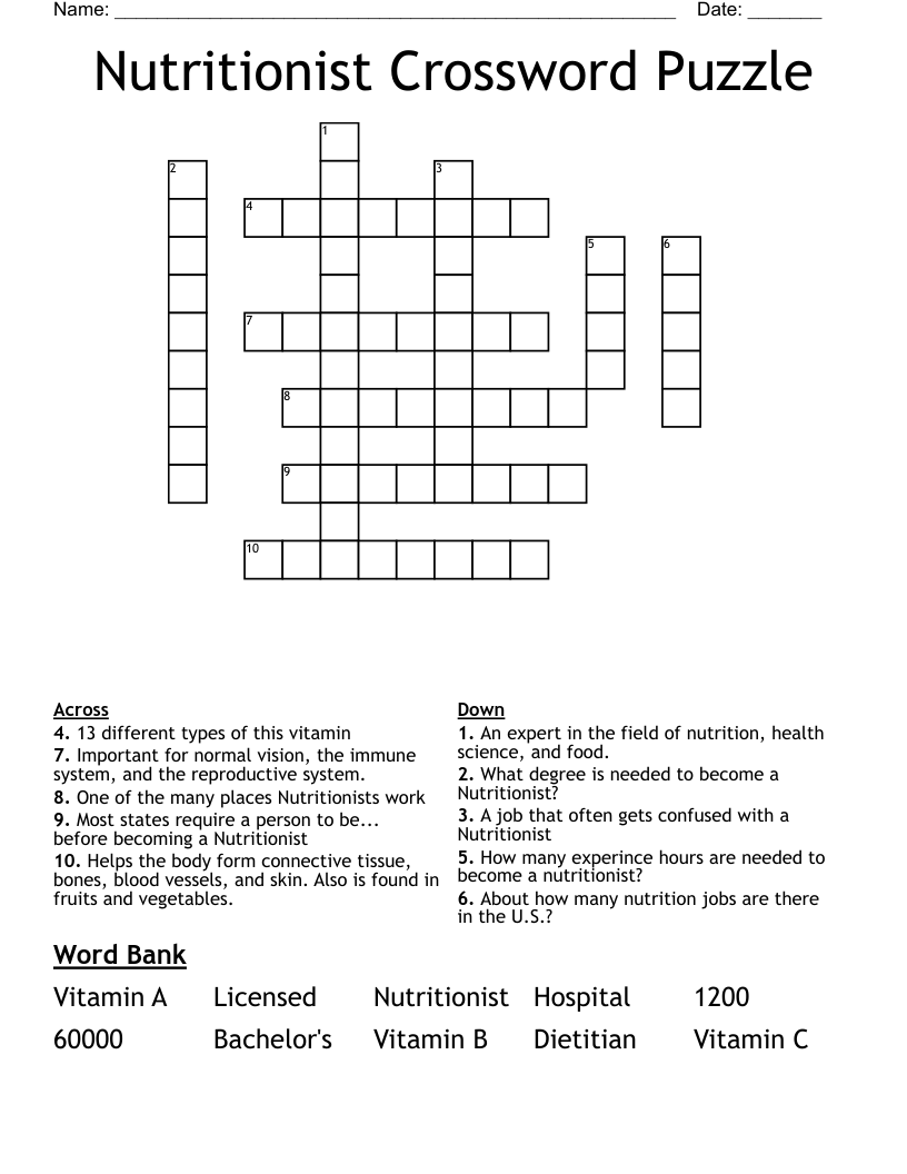 Nutritionist Crossword Puzzle