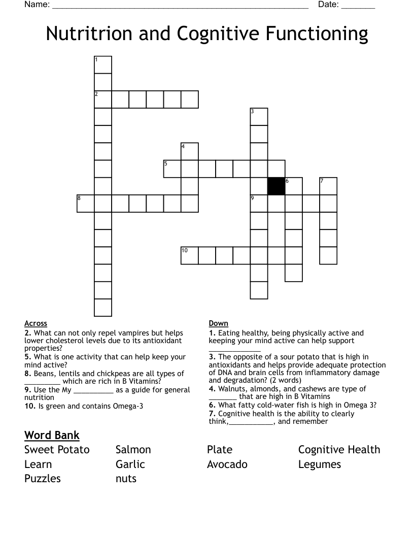 Nutritrion and Cognitive Functioning  Crossword