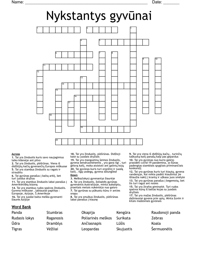 Nykstantys gyvūnai  Crossword