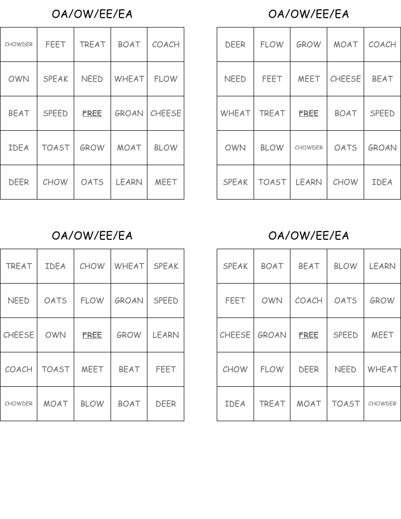OA/OW/EE/EA Bingo Cards