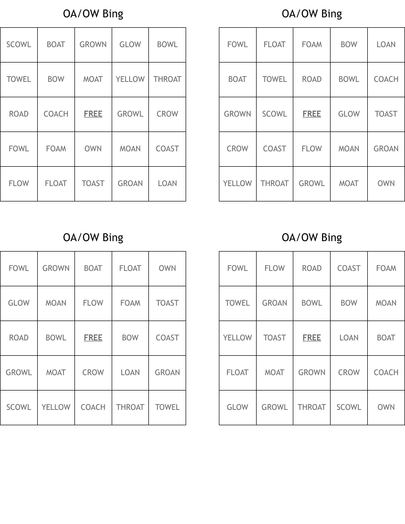 OA/OW Bing Bingo Cards