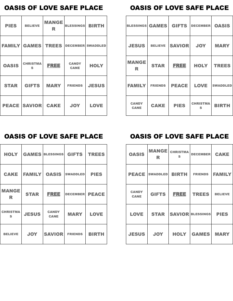 OASIS OF LOVE SAFE PLACE Bingo Cards