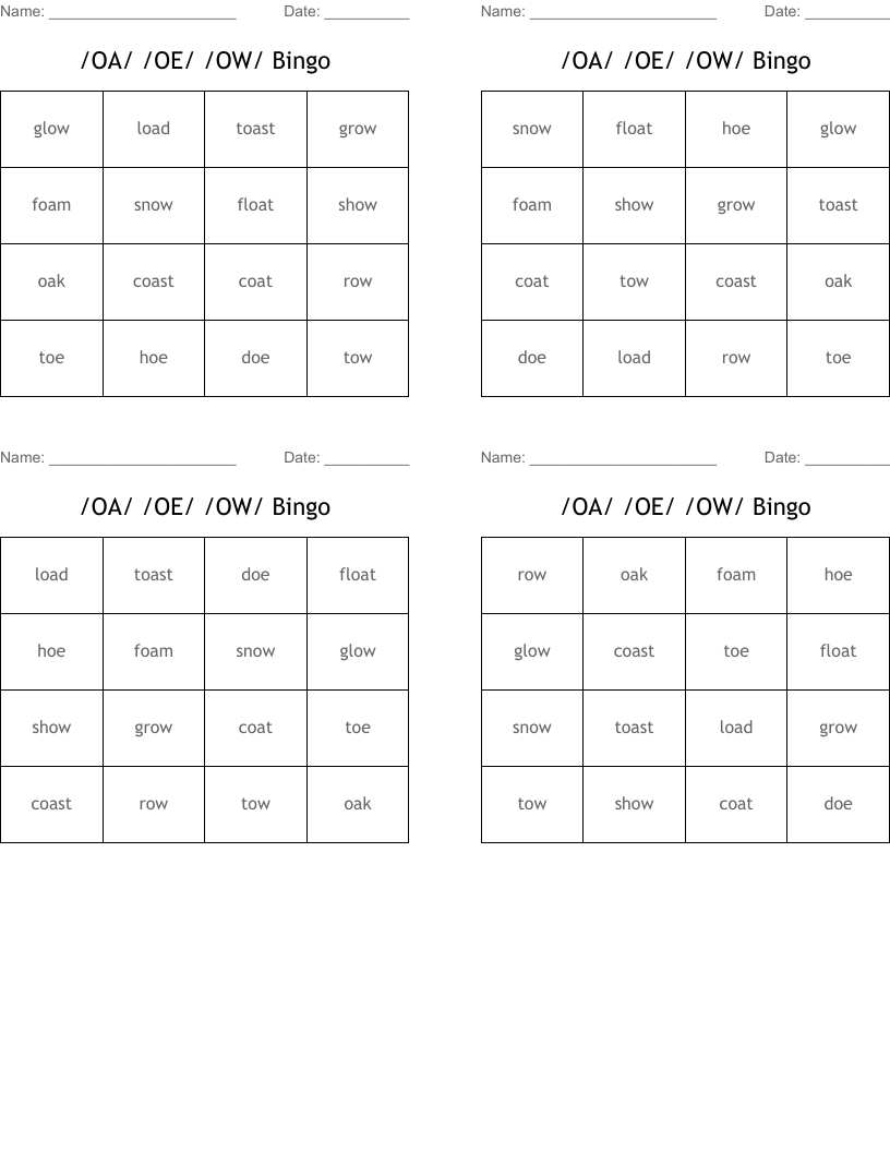/OA/ /OE/ /OW/ Bingo