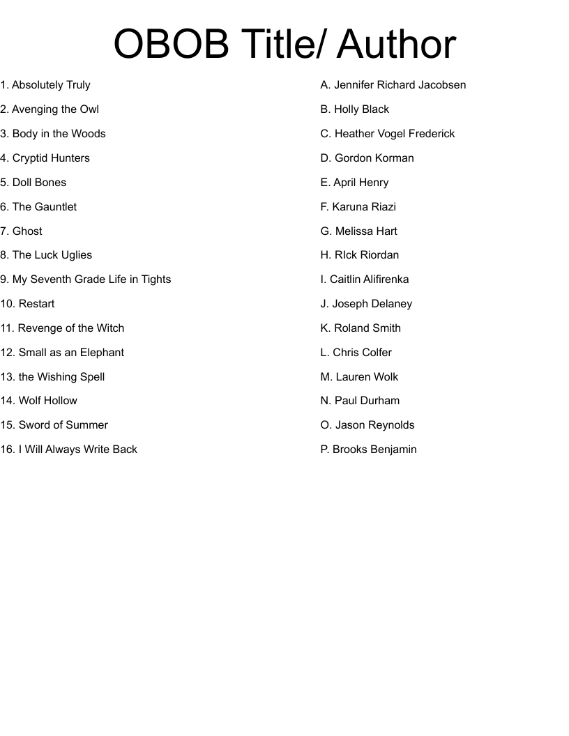 OBOB Title/ Author Worksheet