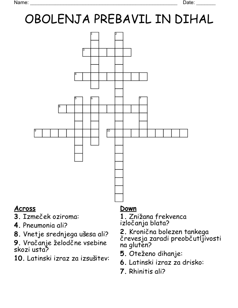 OBOLENJA PREBAVIL IN DIHAL Crossword
