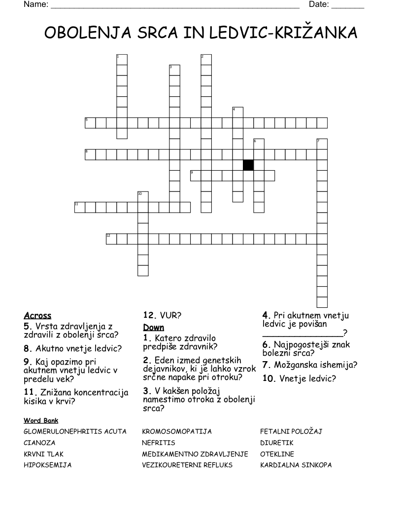 OBOLENJA SRCA IN LEDVIC-KRIŽANKA  Crossword
