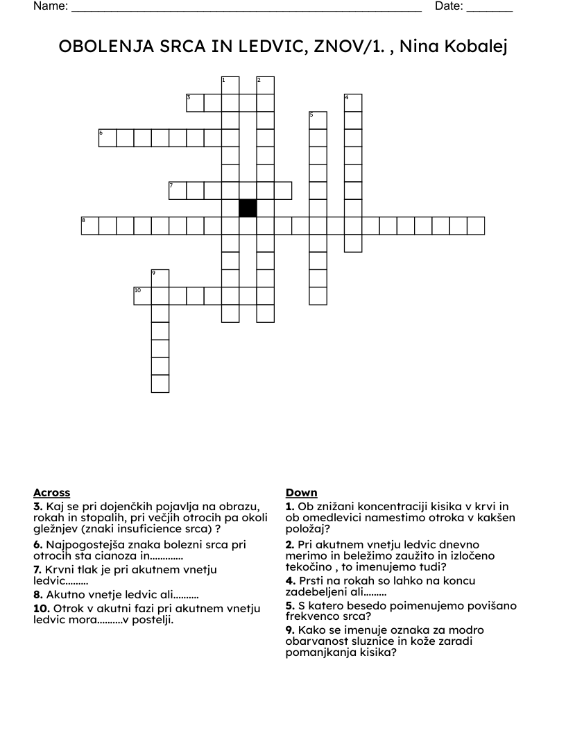 OBOLENJA SRCA IN LEDVIC, ZNOV/1. , Nina Kobalej Crossword
