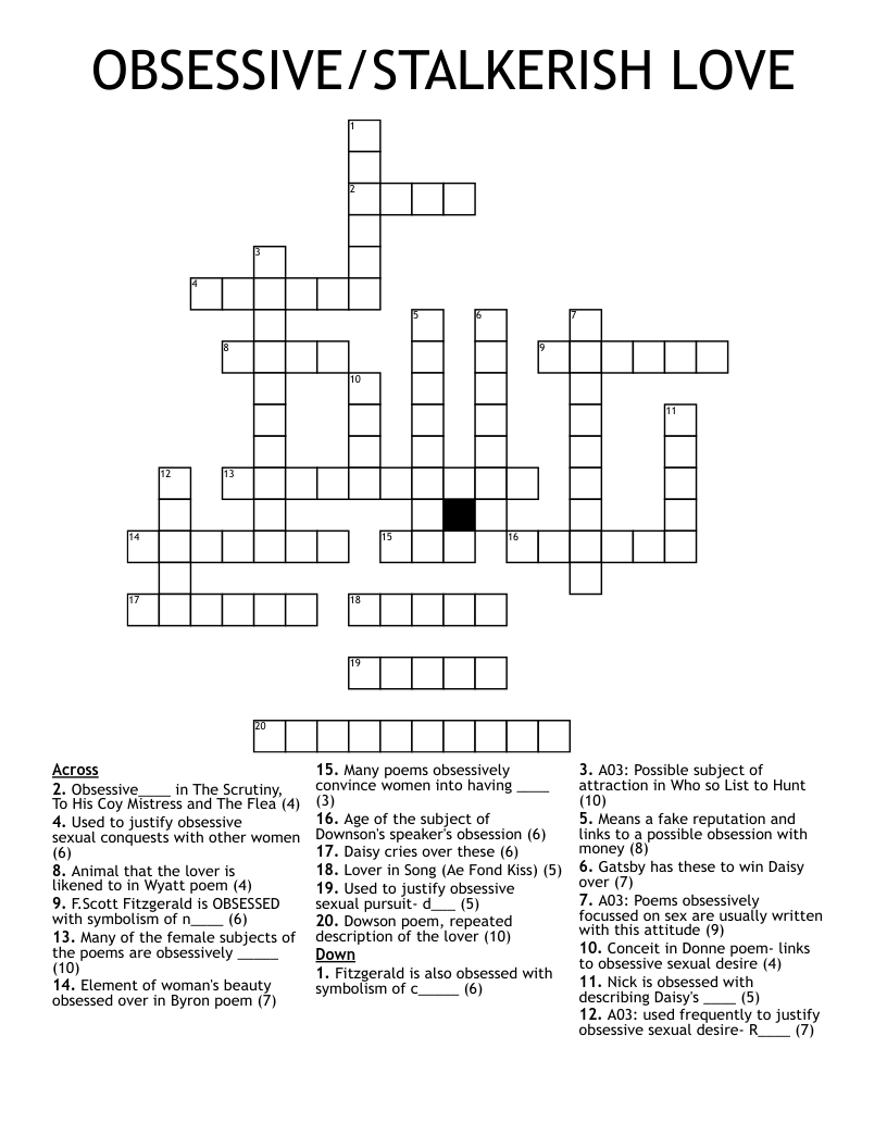 OBSESSIVE/STALKERISH LOVE Crossword