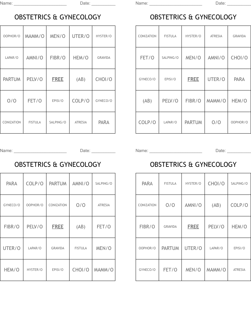 OBSTETRICS & GYNECOLOGY Bingo Cards