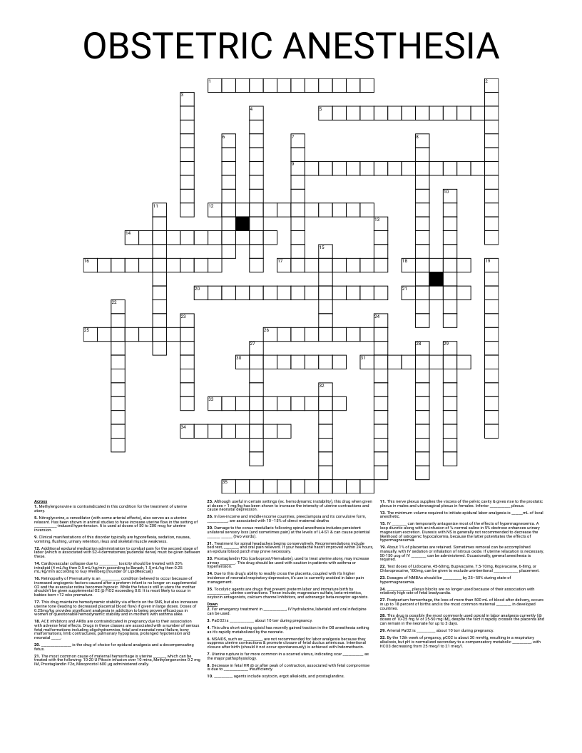 OBSTETRIC ANESTHESIA Crossword