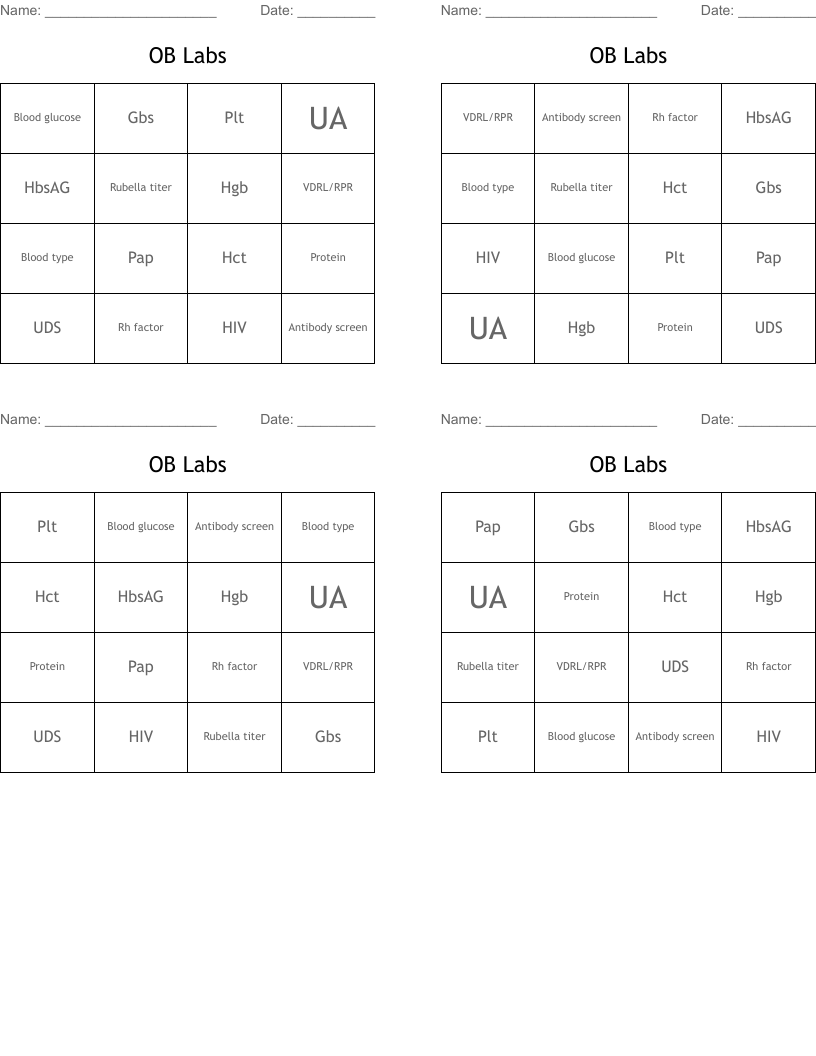 OB Labs Bingo Cards