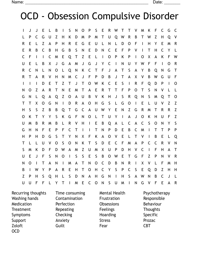 OCD - Obsession Compulsive Disorder Word Search
