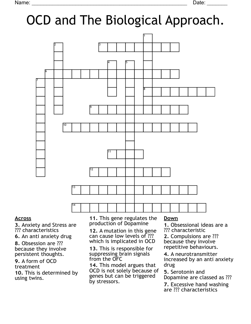OCD and The Biological Approach. Crossword