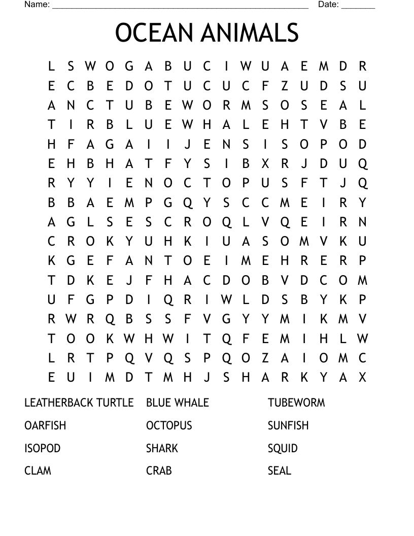 OCEAN ANIMALS Word Search