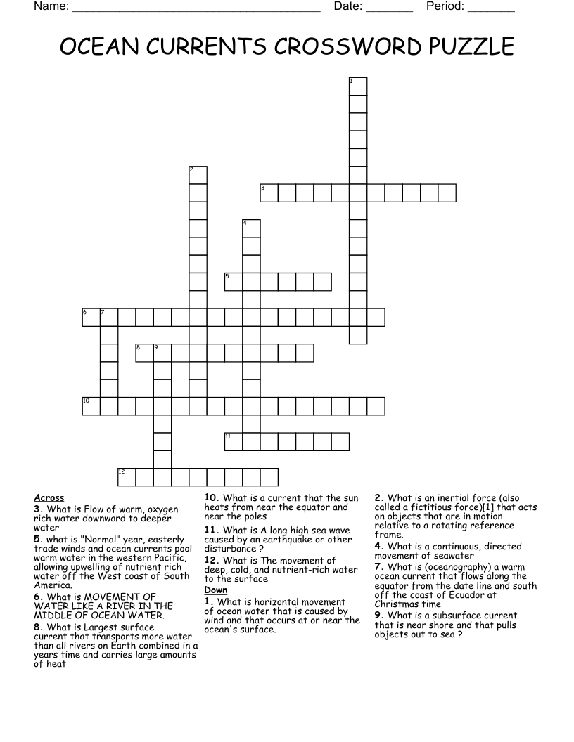 OCEAN CURRENTS CROSSWORD PUZZLE