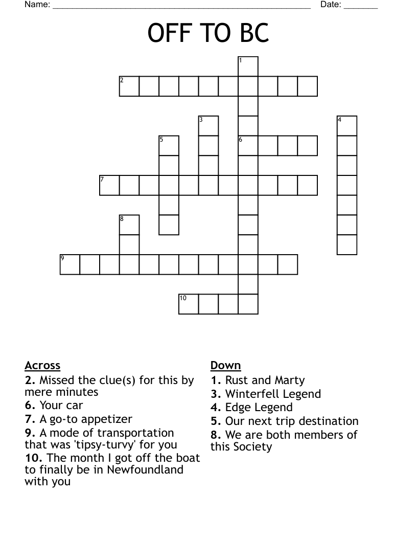 OFF TO BC Crossword