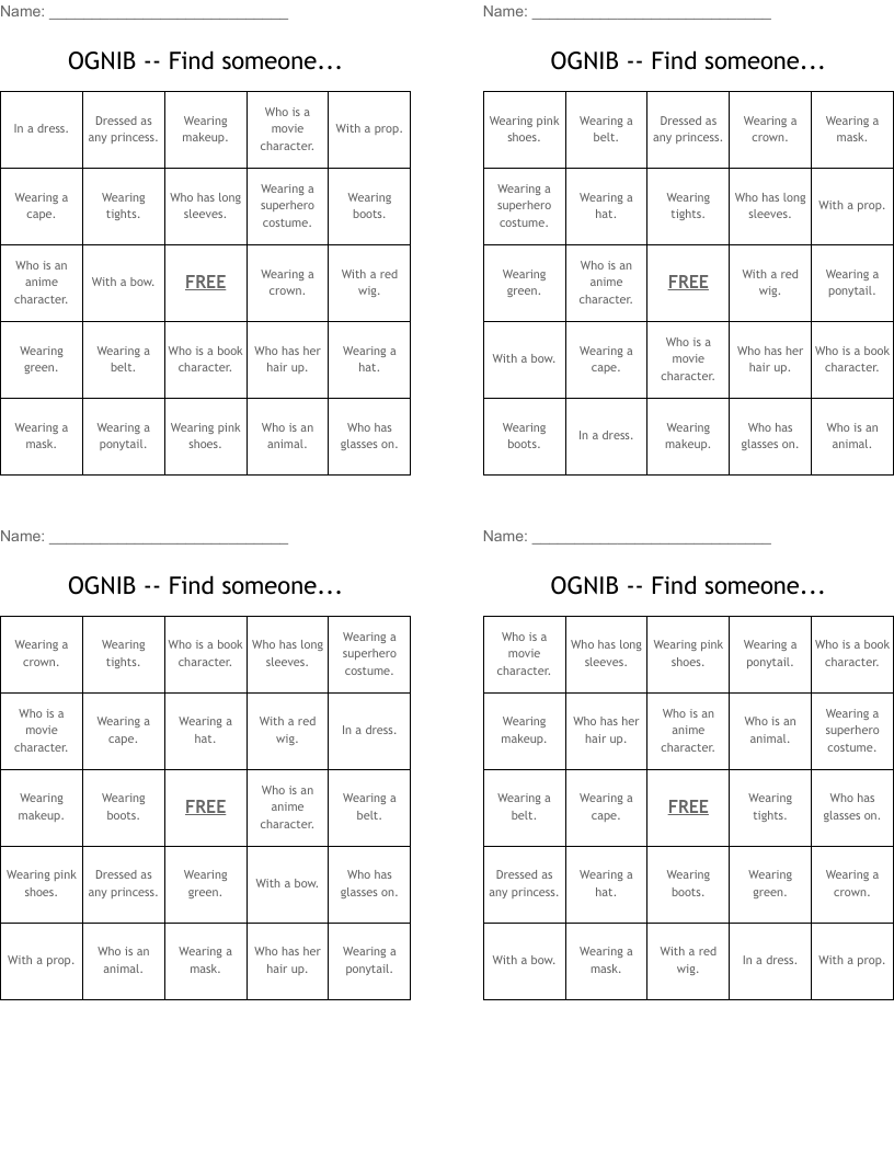 OGNIB -- Find someone... Bingo Cards