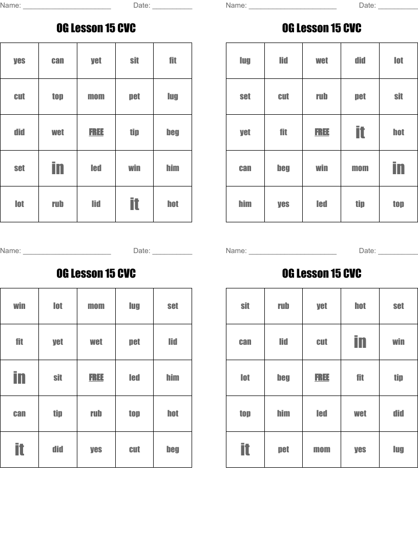 OG Lesson 15 CVC Bingo Cards