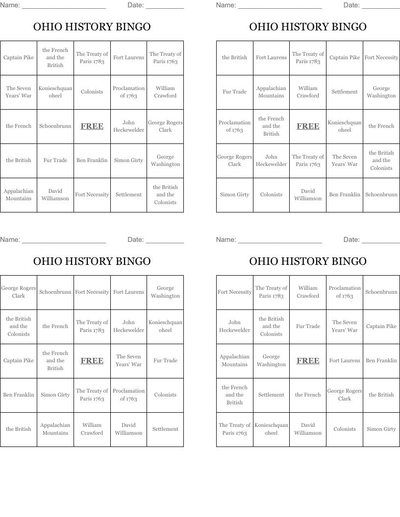 OHIO HISTORY BINGO