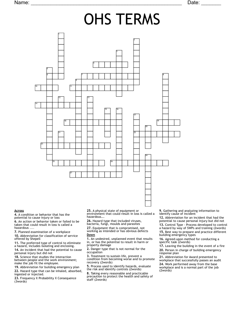 OHS TERMS Crossword