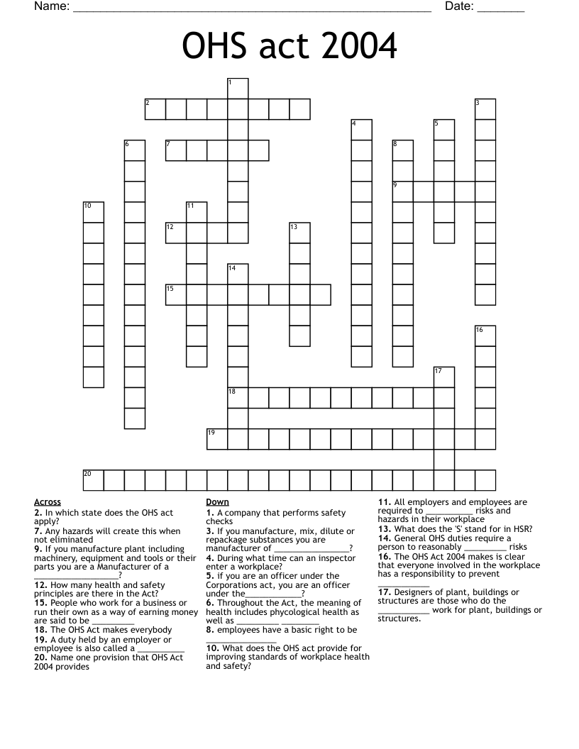 OHS act 2004  Crossword