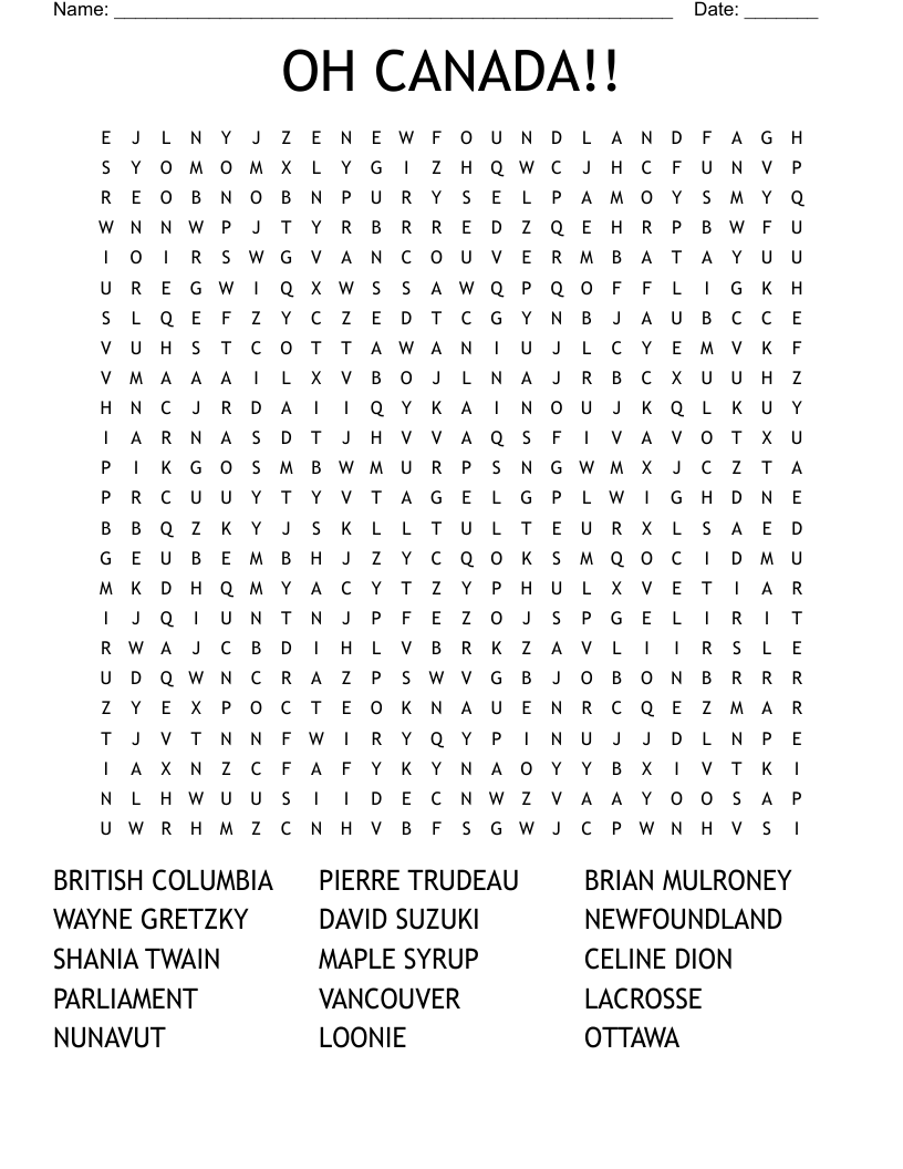 OH CANADA!! Word Search