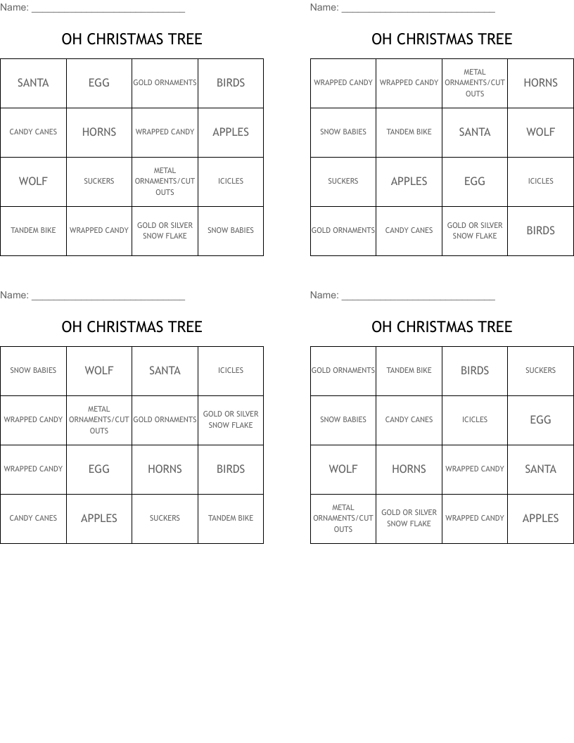 OH CHRISTMAS TREE Bingo Cards