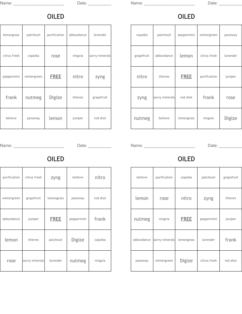 OILED Bingo Cards