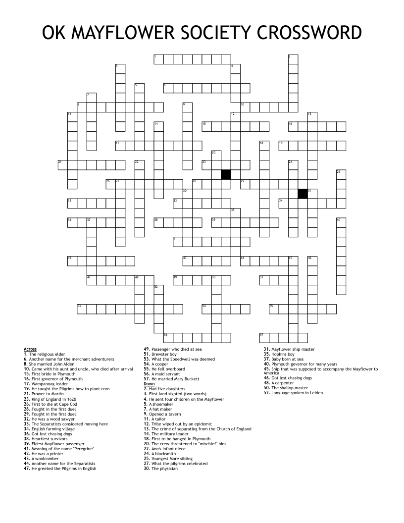 OK MAYFLOWER SOCIETY CROSSWORD