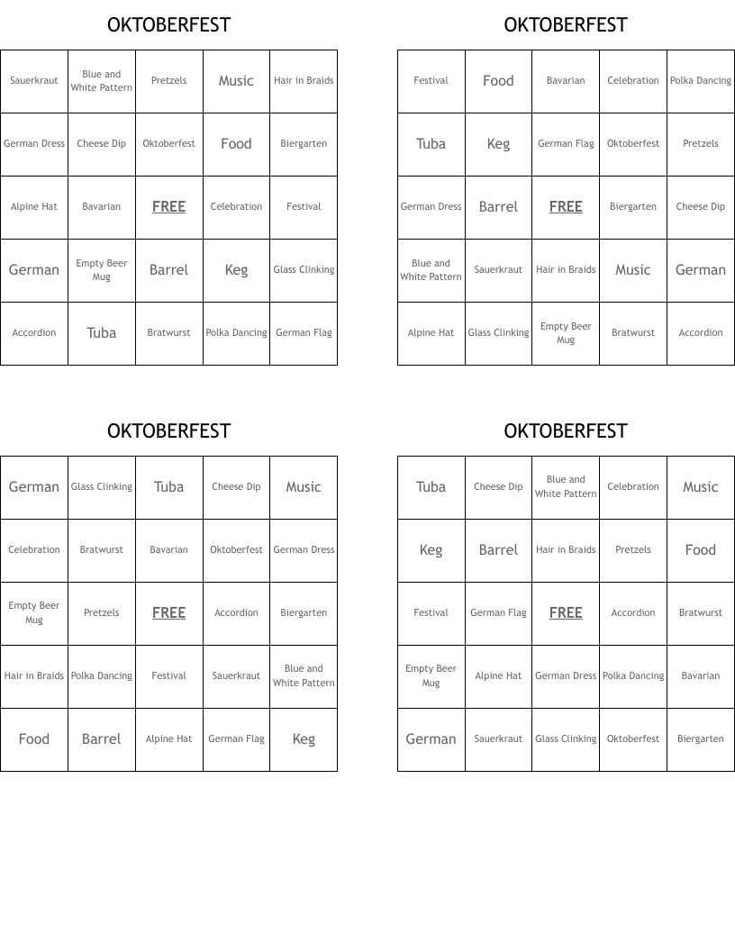 OKTOBERFEST Bingo Cards