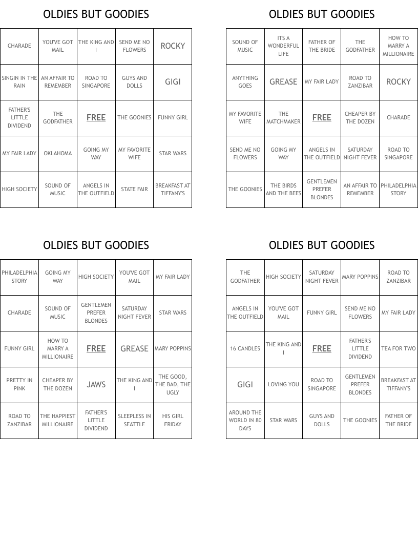 OLDIES BUT GOODIES Bingo Cards