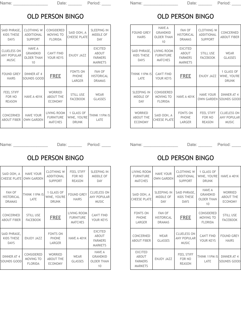 OLD PERSON BINGO