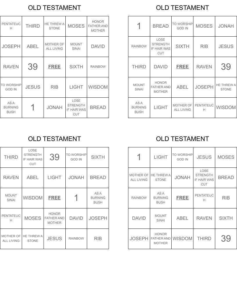 OLD TESTAMENT Bingo Cards