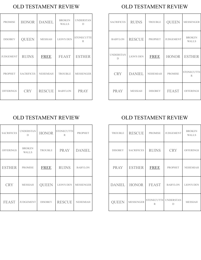 OLD TESTAMENT REVIEW Bingo Cards