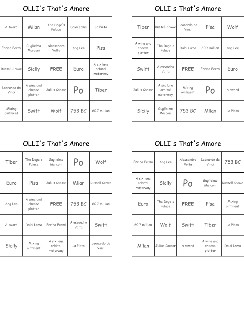 OLLI's That's Amore Bingo Cards