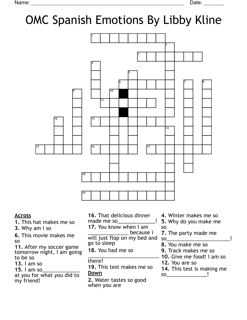 OMC Spanish Emotions By Libby Kline Crossword