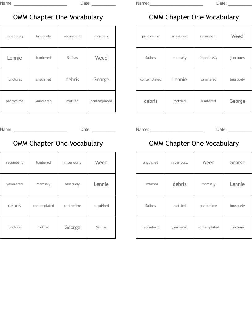 OMM Chapter One Vocabulary Bingo Cards