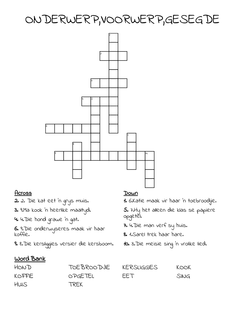 ONDERWERP,VOORWERP,GESEGDE Crossword