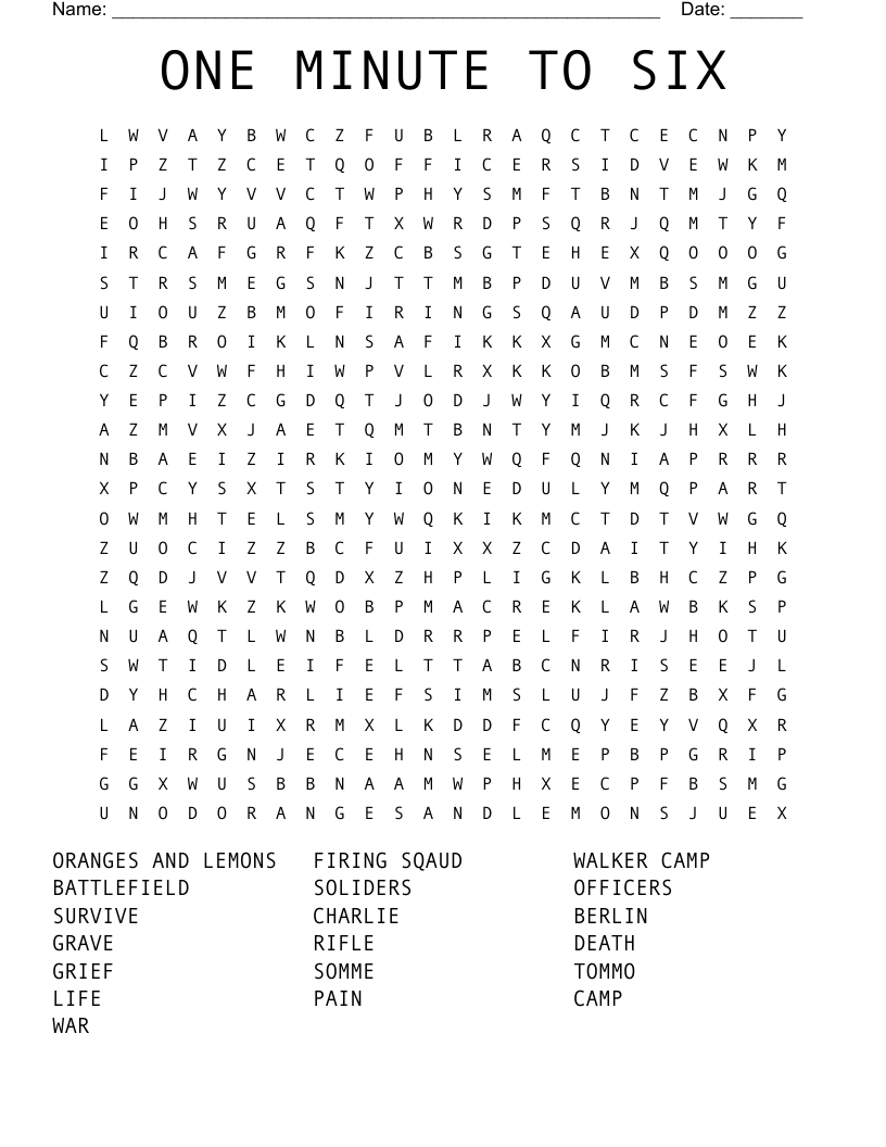 ONE MINUTE TO SIX  Word Search