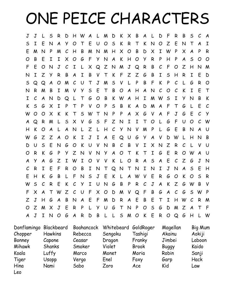 ONE PEICE CHARACTERS Word Search