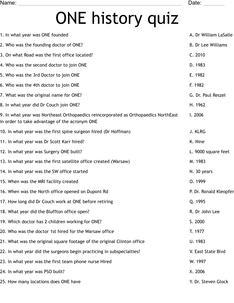 ONE history quiz Worksheet
