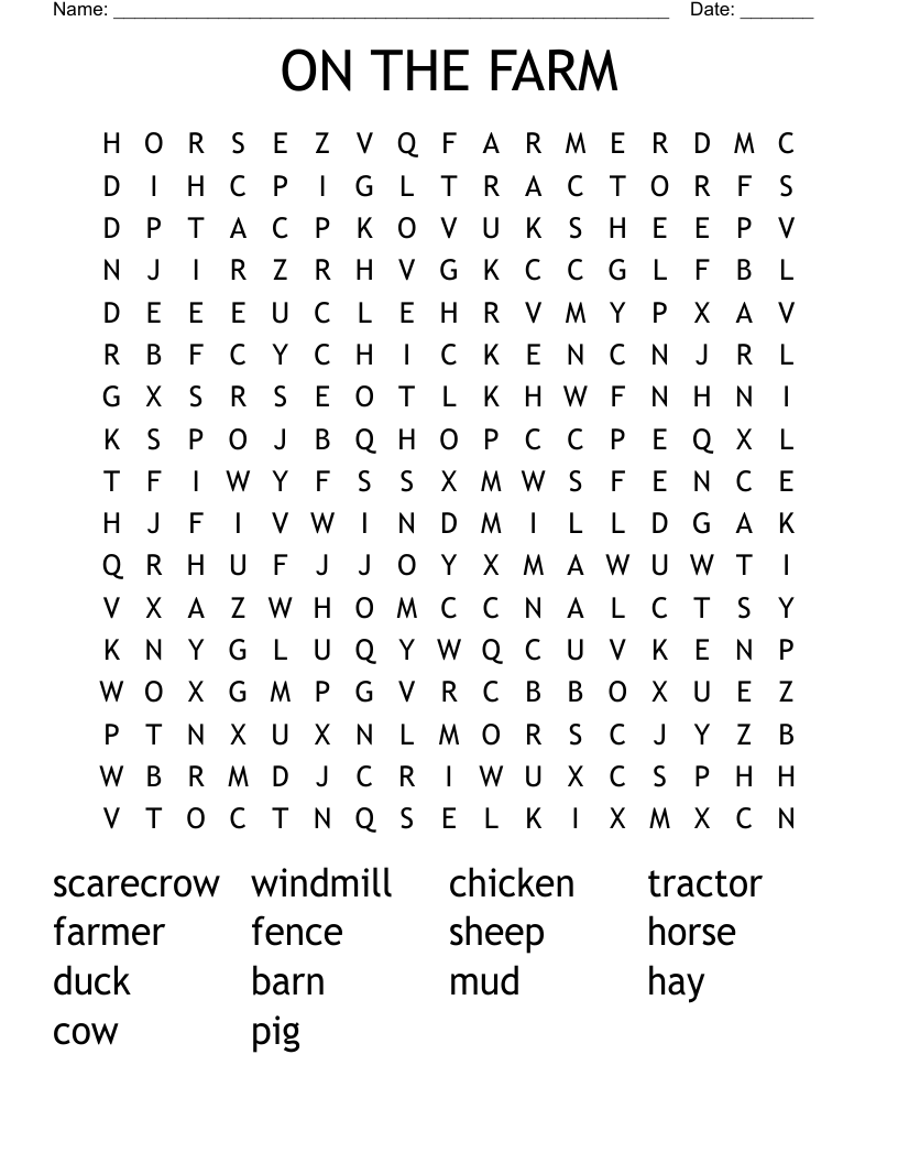 ON THE FARM Word Search
