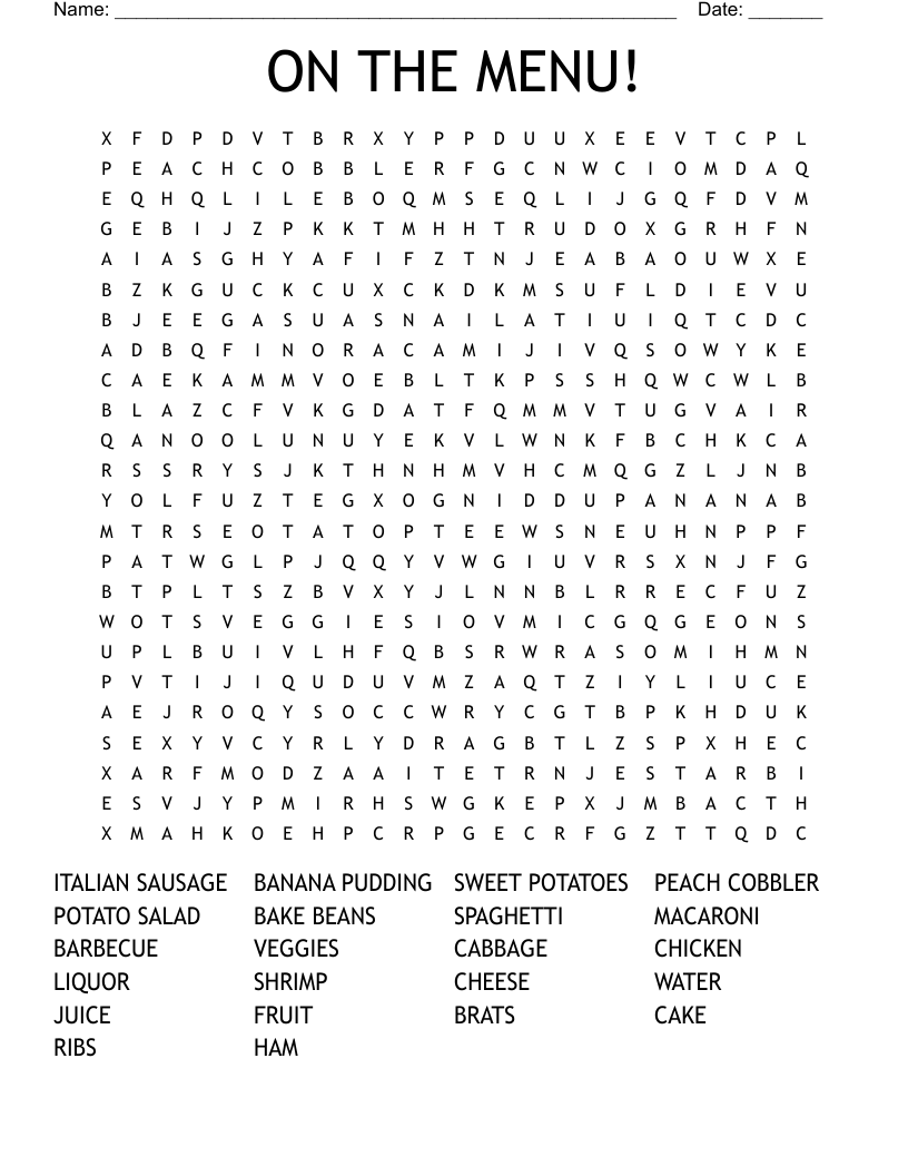 ON THE MENU! Word Search
