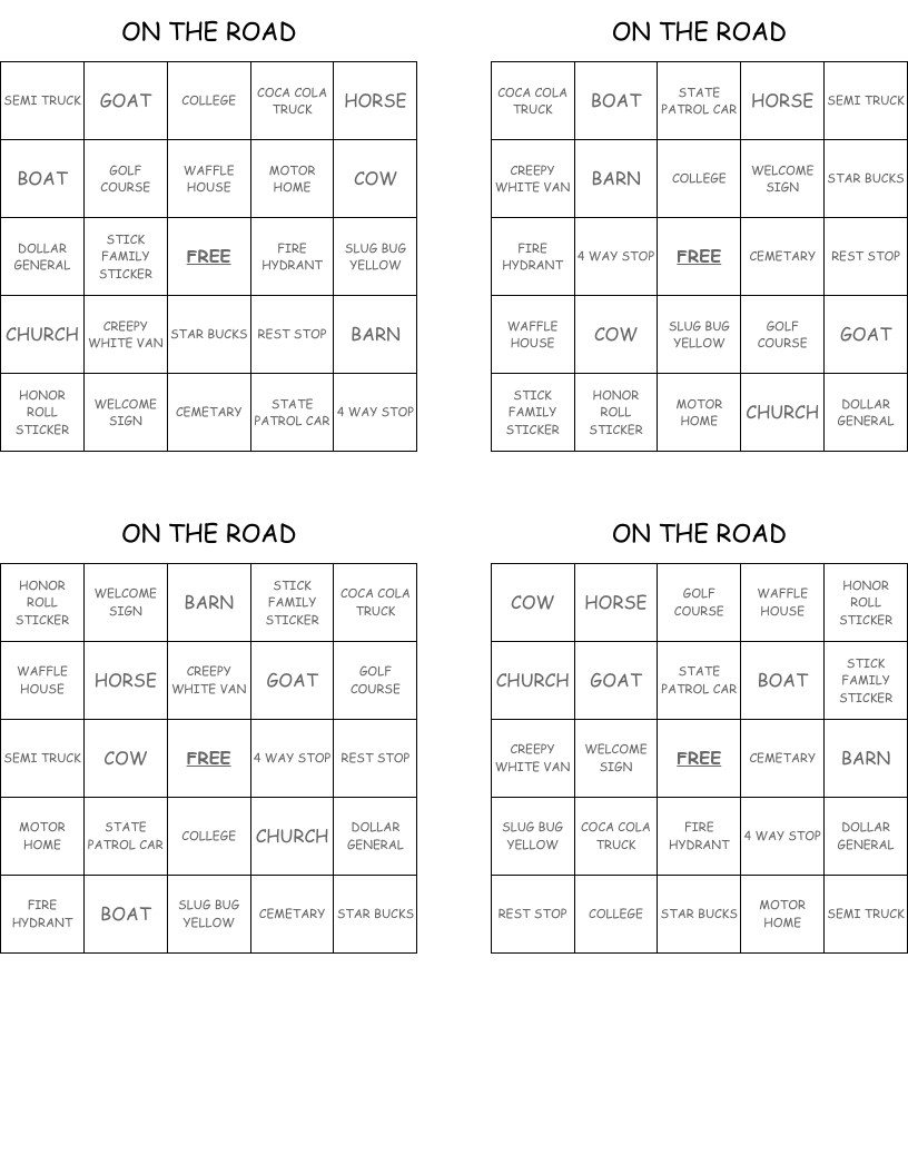 ON THE ROAD Bingo Cards