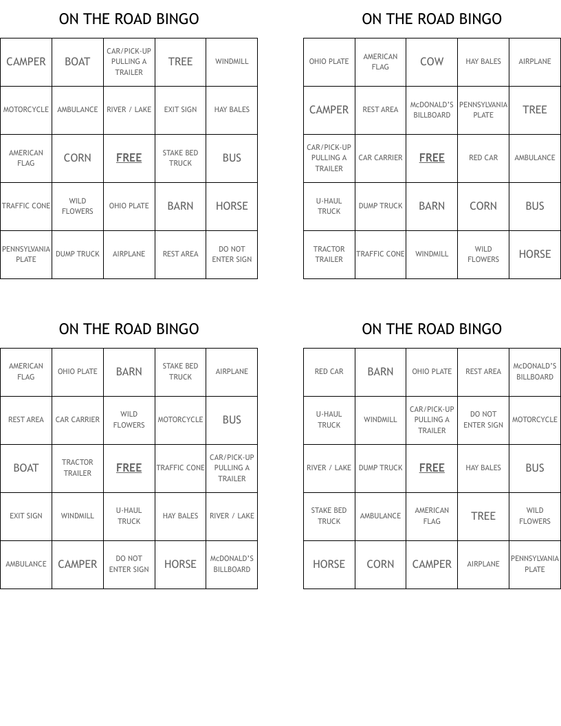 ON THE ROAD BINGO
