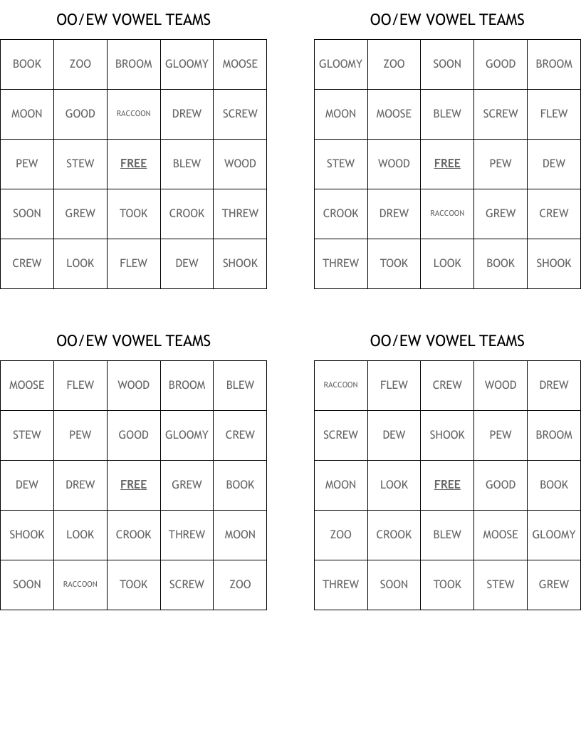 OO/EW VOWEL TEAMS Bingo Cards