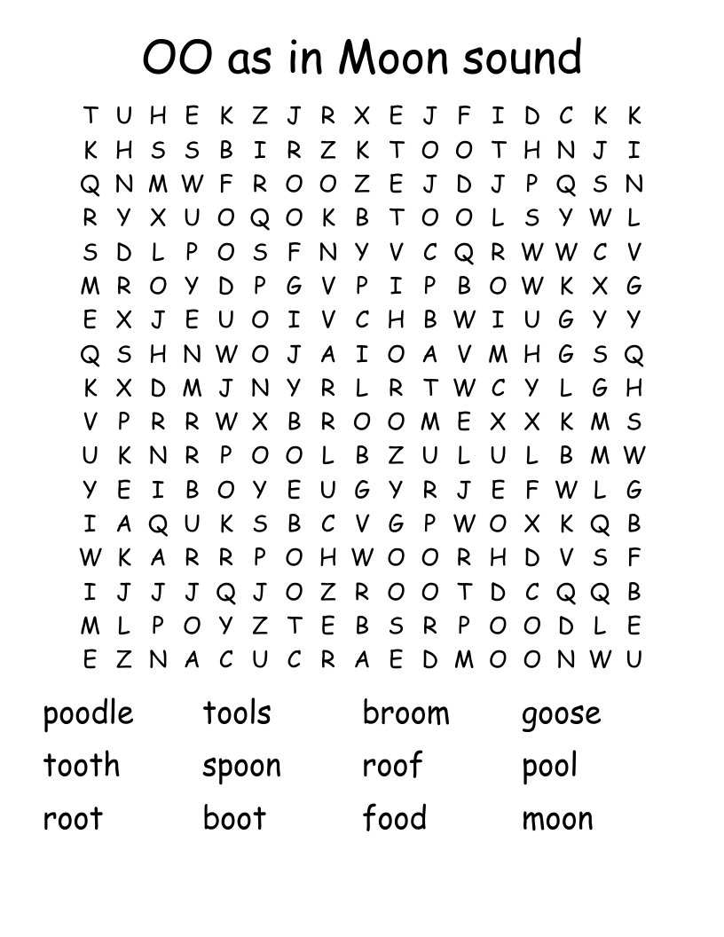 OO as in Moon sound Word Search