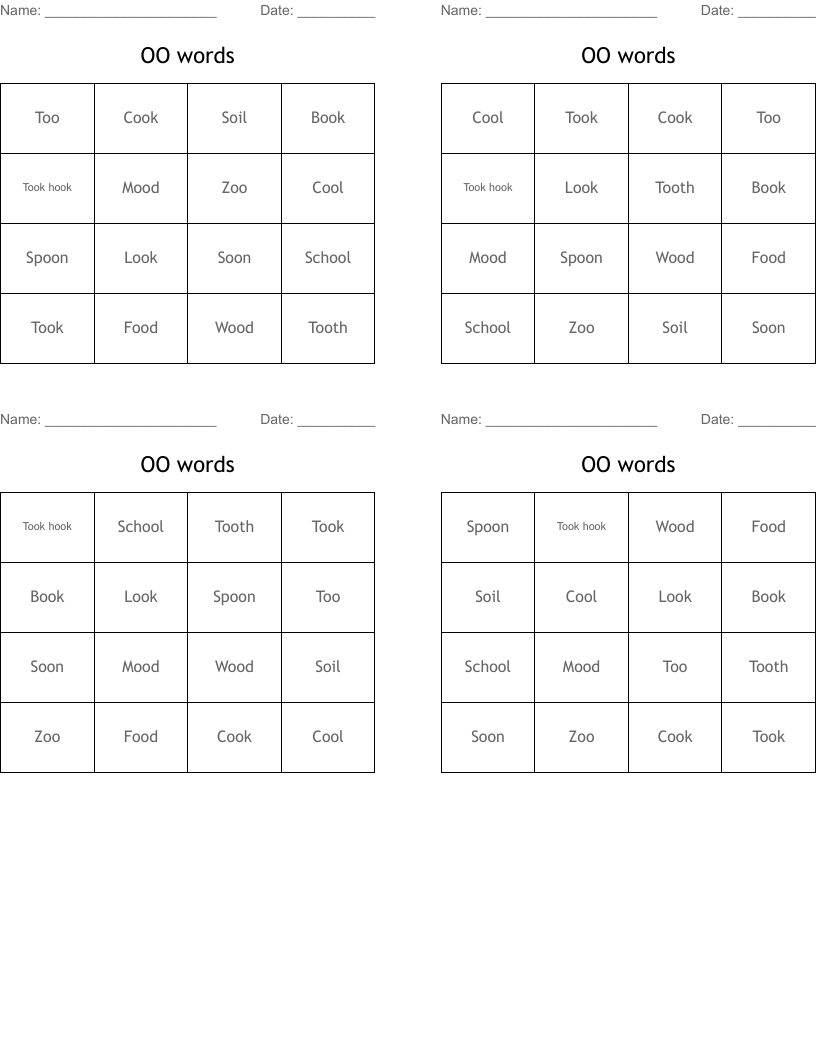 OO words Bingo Cards