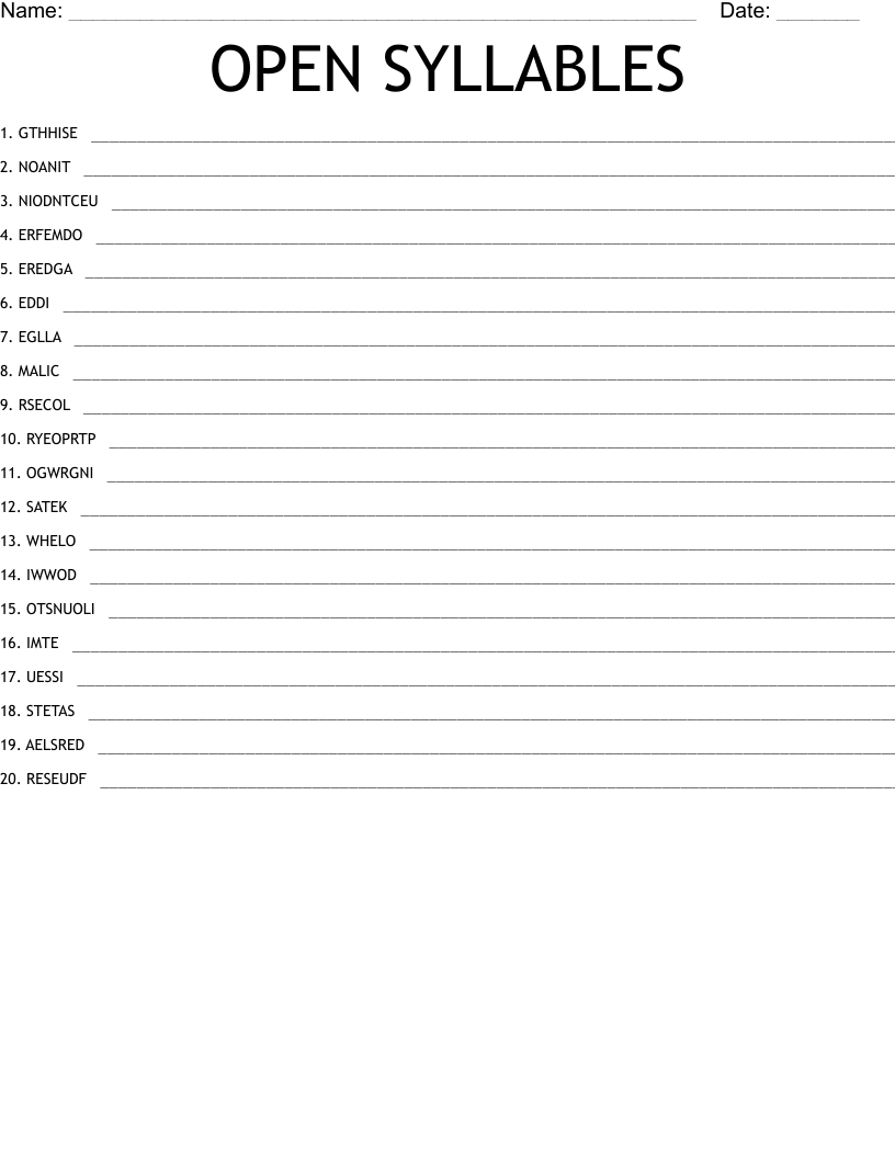 OPEN SYLLABLES Word Scramble